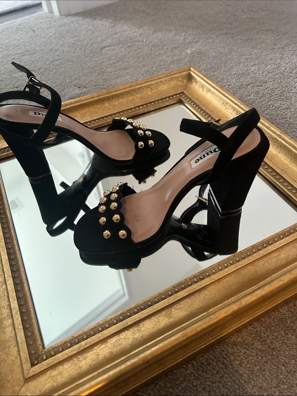 Dune London Black Block Heel Sandals with Gold Studs